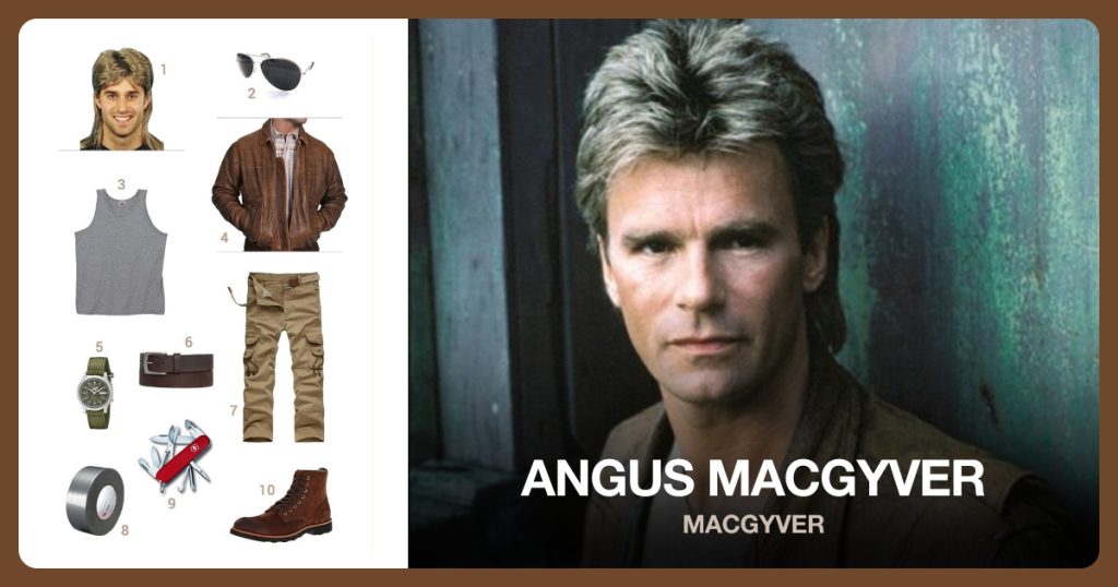 Mullet Wig with Highlights, Dark Aviator Sunglasses, Tank Top Shirt and Vintage Bomber Jacket beside Angus MacGyver