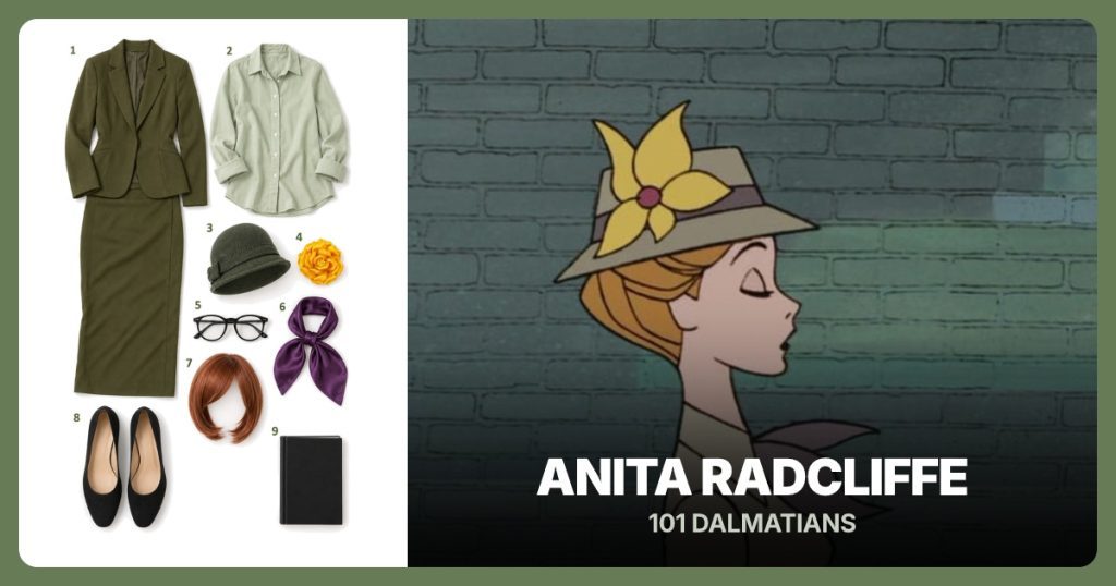 Olive Two-Piece Suit, Light Sage Collared Blouse, Olive Cloche Hat and Yellow Flower Pin beside Anita Radcliffe