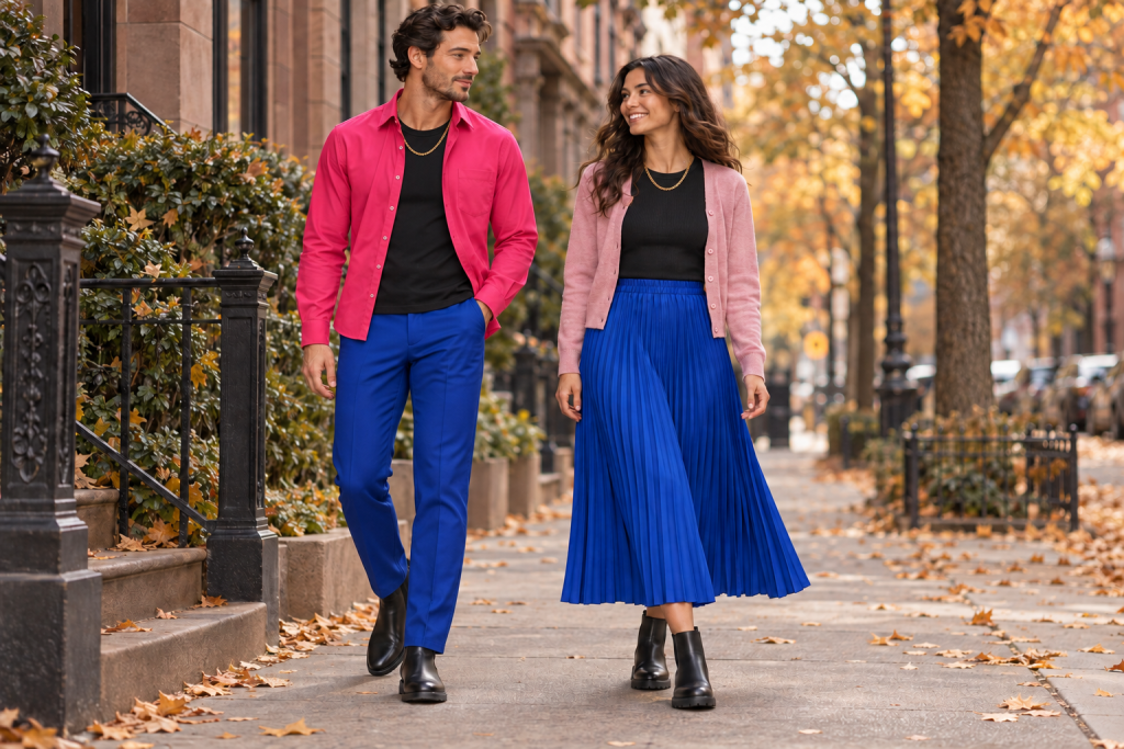 A man and woman wearing Anna-inspired pink layers, black tops, blue bottoms and gold chains with black boots.