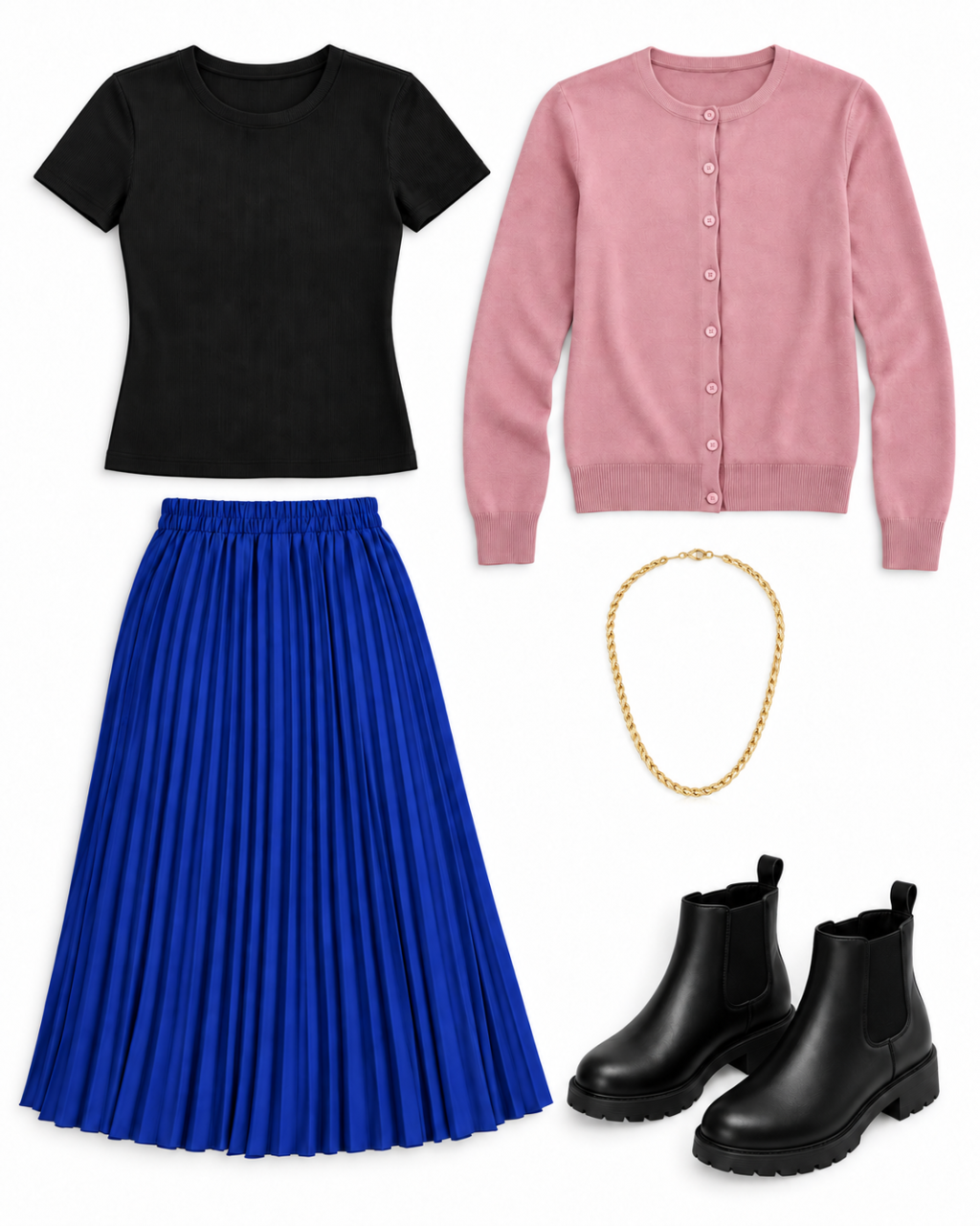 A royal-blue pleated skirt, black ribbed top and dusty-pink cardigan soften Anna’s winter travel colors, with a gold chain recalling the bodice trim.
