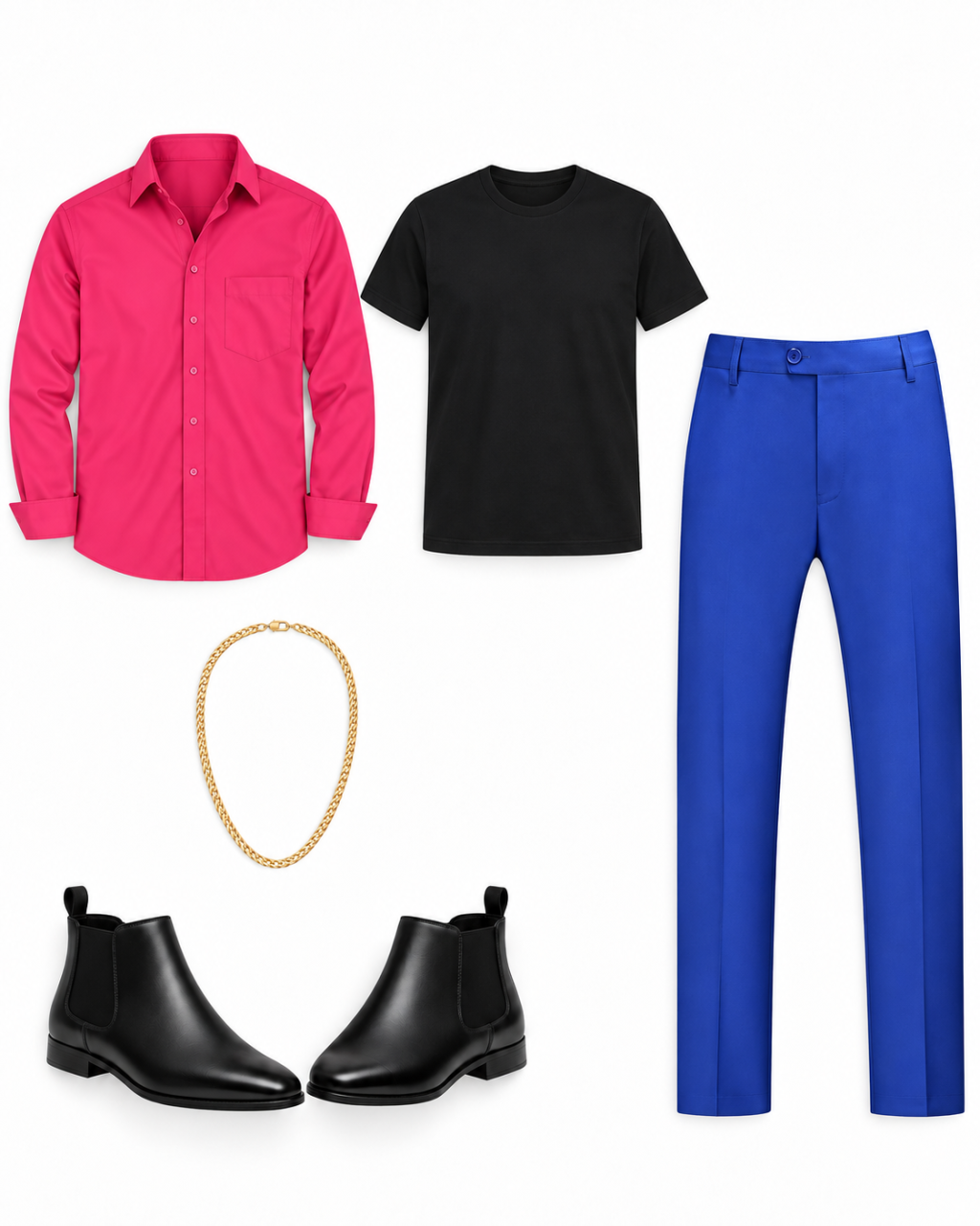 A hot-pink button-down worn open over a black tee repeats Anna’s cape-and-bodice contrast, while royal-blue trousers carry the skirt color.