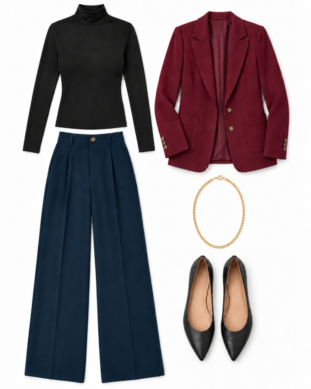 A burgundy blazer, black mock neck and dark-blue trousers deepen Anna’s magenta, black and blue travel palette, with a gold chain echoing the warm trim.