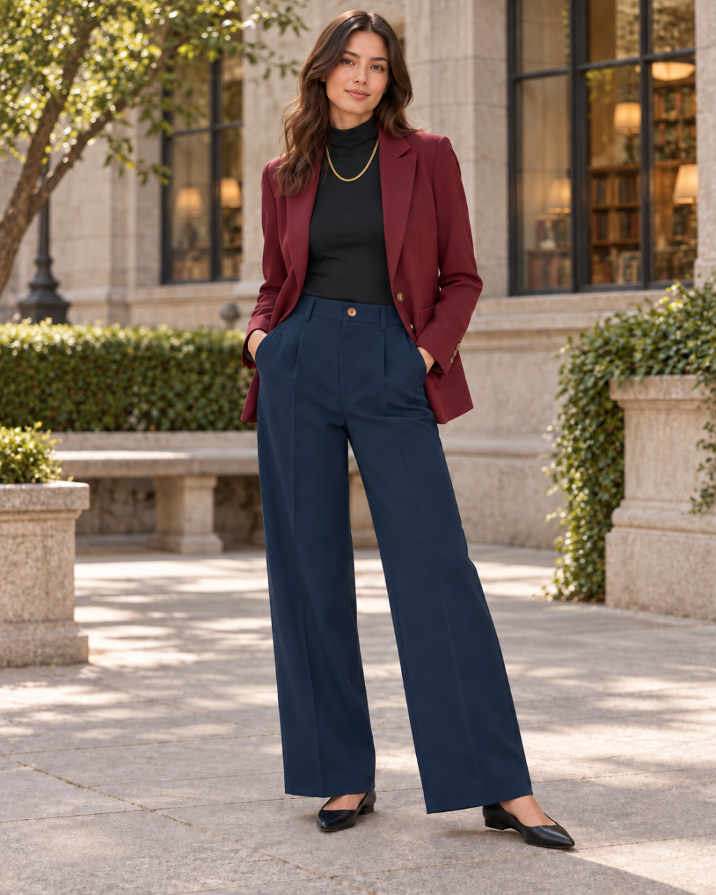 Anna-inspired burgundy blazer, black mock neck, blue wide-leg trousers, gold chain and black flats.
