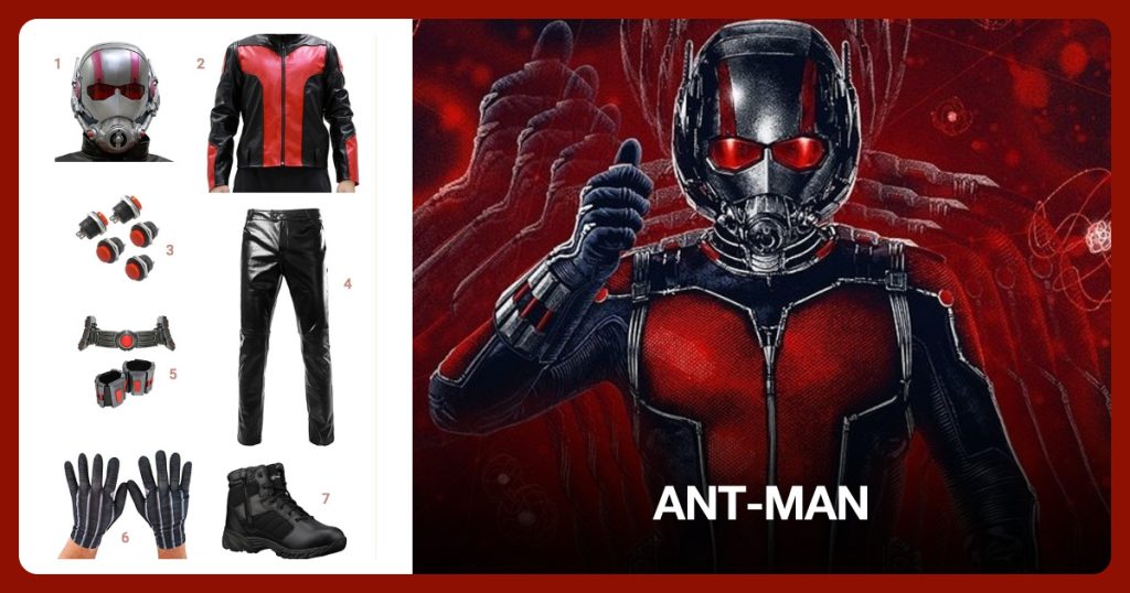 Ant Mask Helmet, Ant-Man Jacket, Round Cap Push Button and Men’s Leather Pant beside Ant-Man