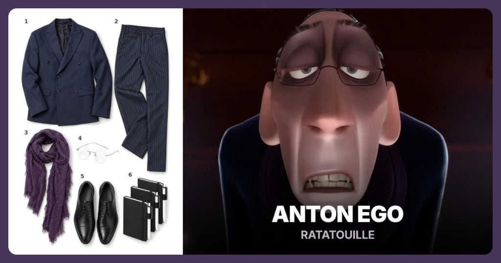 Navy Double-Breasted Blazer, Navy Pinstripe Trousers, Dark Purple Scarf and Round Rimless Glasses beside Anton Ego
