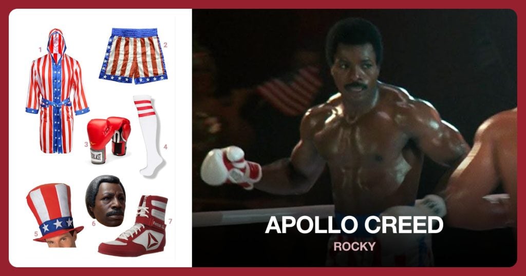 American Flag Boxing Robe, American Boxing Trunks, Boxing Gloves and Tube Socks beside Apollo Creed