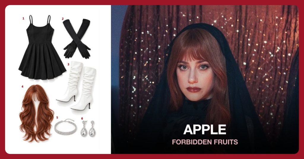 Black Fit-and-Flare Mini Dress, Black elbow-length opera gloves and White knee-high heeled boots beside Apple