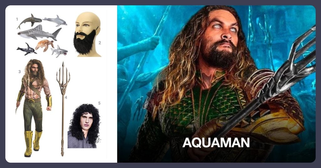 Big Ocean Animals Toys, Black Mustache, Aquaman Costume and Aquaman Trident beside Aquaman