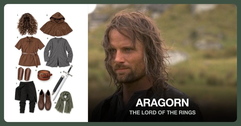 Long Brown Ranger Wig, Brown Hooded Cowl, Brown Medieval Tunic and Dark Gray Medieval Shirt beside Aragorn
