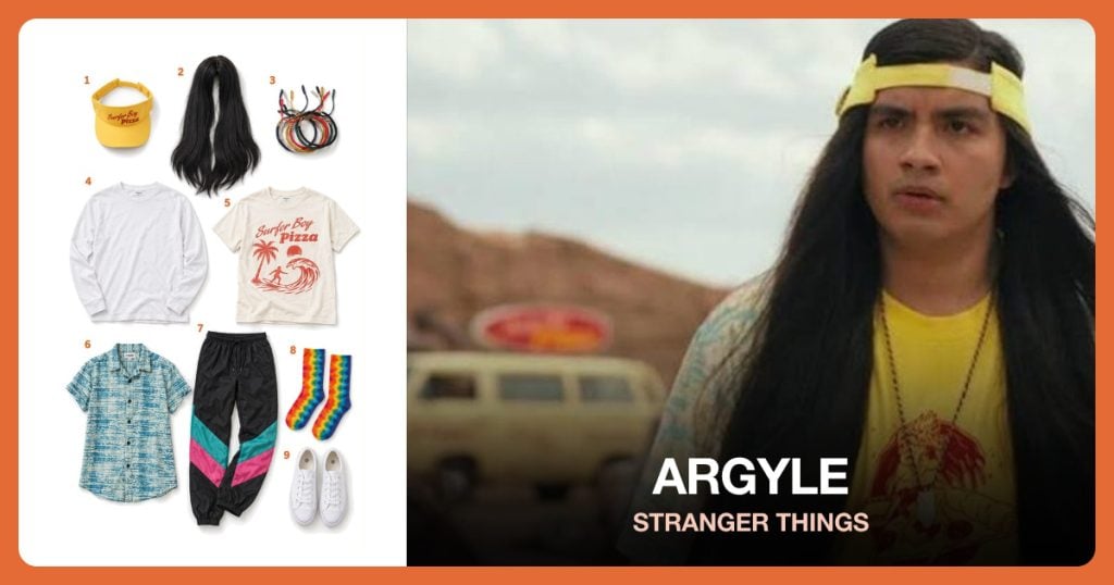Surfer Boy Visor Cap, Long Black Wig, Men’s Woven Bracelets and White Long Sleeve Shirt beside Argyle