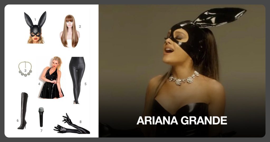 Masquerade Rabbit Mask, Long Brown/Blonde Wig, Vintage Crystal Flower Necklace and Black Halter Mini Dress beside Ariana Grande