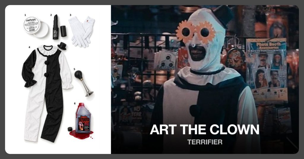 Clown White Face Paint, Black Face Paint Stick, White Costume Gloves and Art the Clown Costume + Hat beside Art the Clown