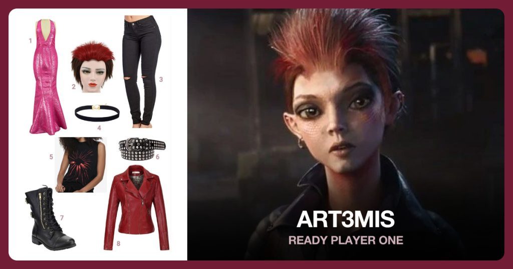 Long Formal Pink Sequin Dress, Red Straight Hair Wig, Black Jeans and Black Choker beside Art3mis