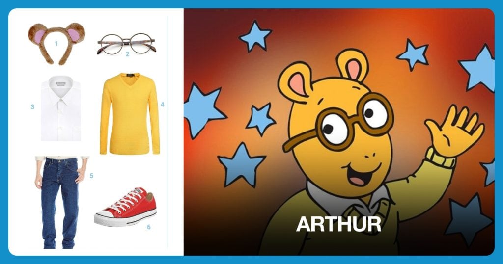Bear Ears, Round Circle Lenses, Men’s Dress Shirt and Yellow V-Neck Pullover Sweater beside Arthur