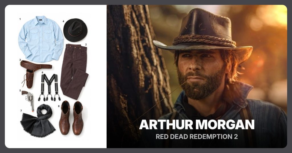 Light Blue Western Shirt, Brown Canvas Pants, Empty Western Holster Belt and Dark Cowboy Hat beside Arthur Morgan