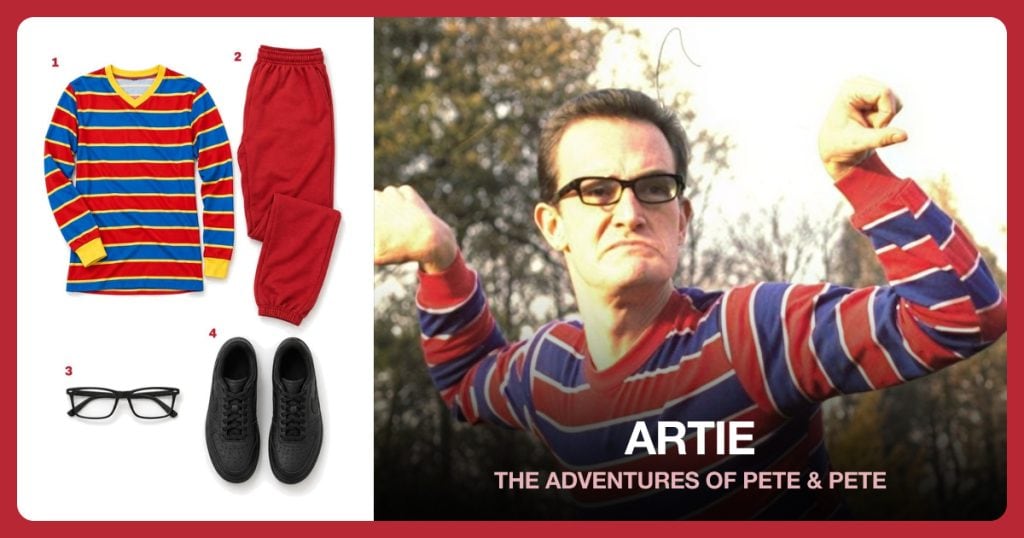 Red and Blue Striped Shirt, Red Sweatpants, Black Rectangular Glasses and Black Low-Top Sneakers beside Artie, the Strongest Man in the World