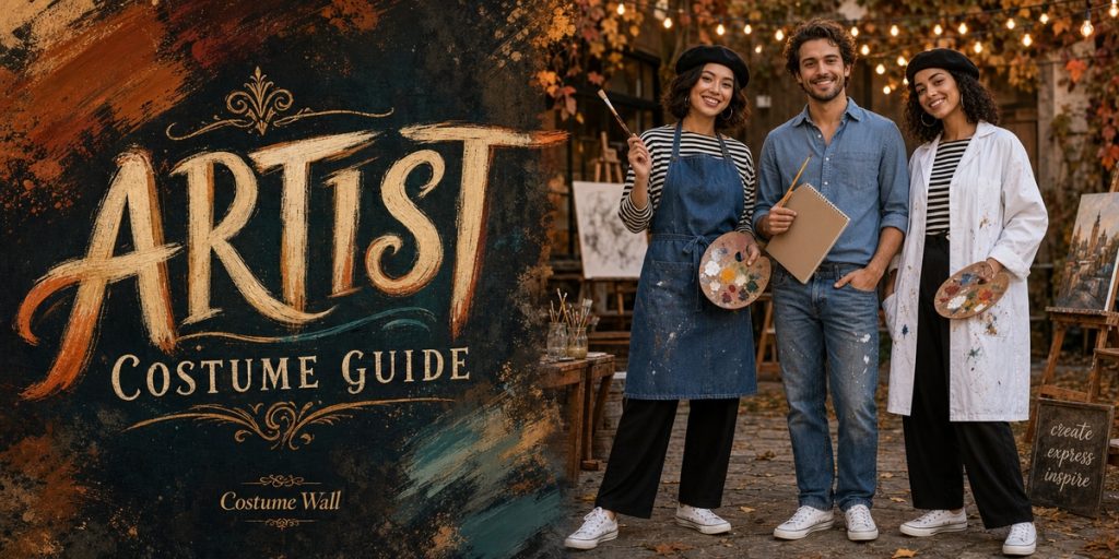 Black Beret, Striped Shirt, Denim Apron and White Art Smock beside Artist