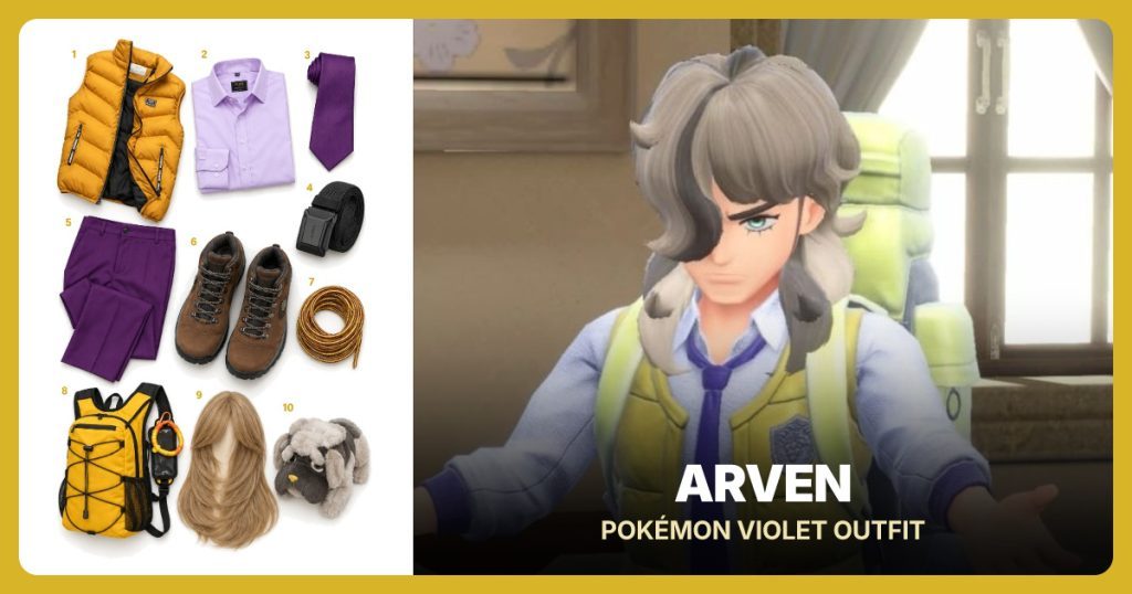 Yellow Quilted Vest, Lavender Button-Down Shirt, Purple Necktie and Black Web Belt beside Arven