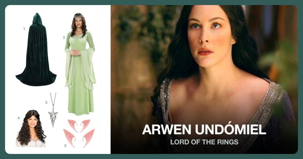 Hooded Cloak, Queen Arwen Costume, Arwen Evenstar’s Necklace and Arwen Wig beside Arwen Undómiel