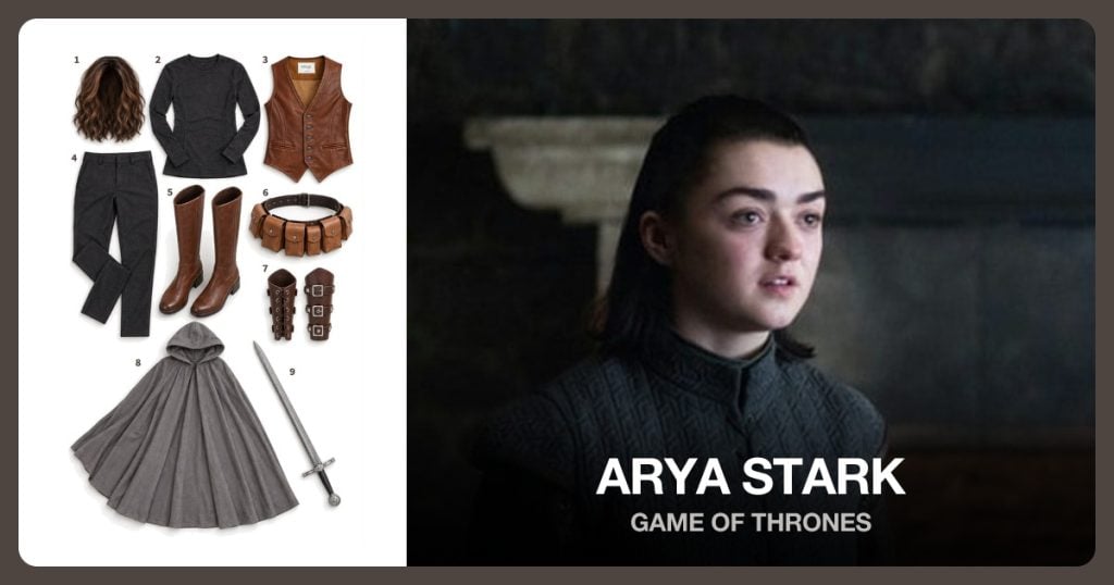 Chestnut Brown Shoulder Length Wavy Wig and Charcoal Gray Long Sleeve Tunic Or Wool Shirt beside Arya Stark