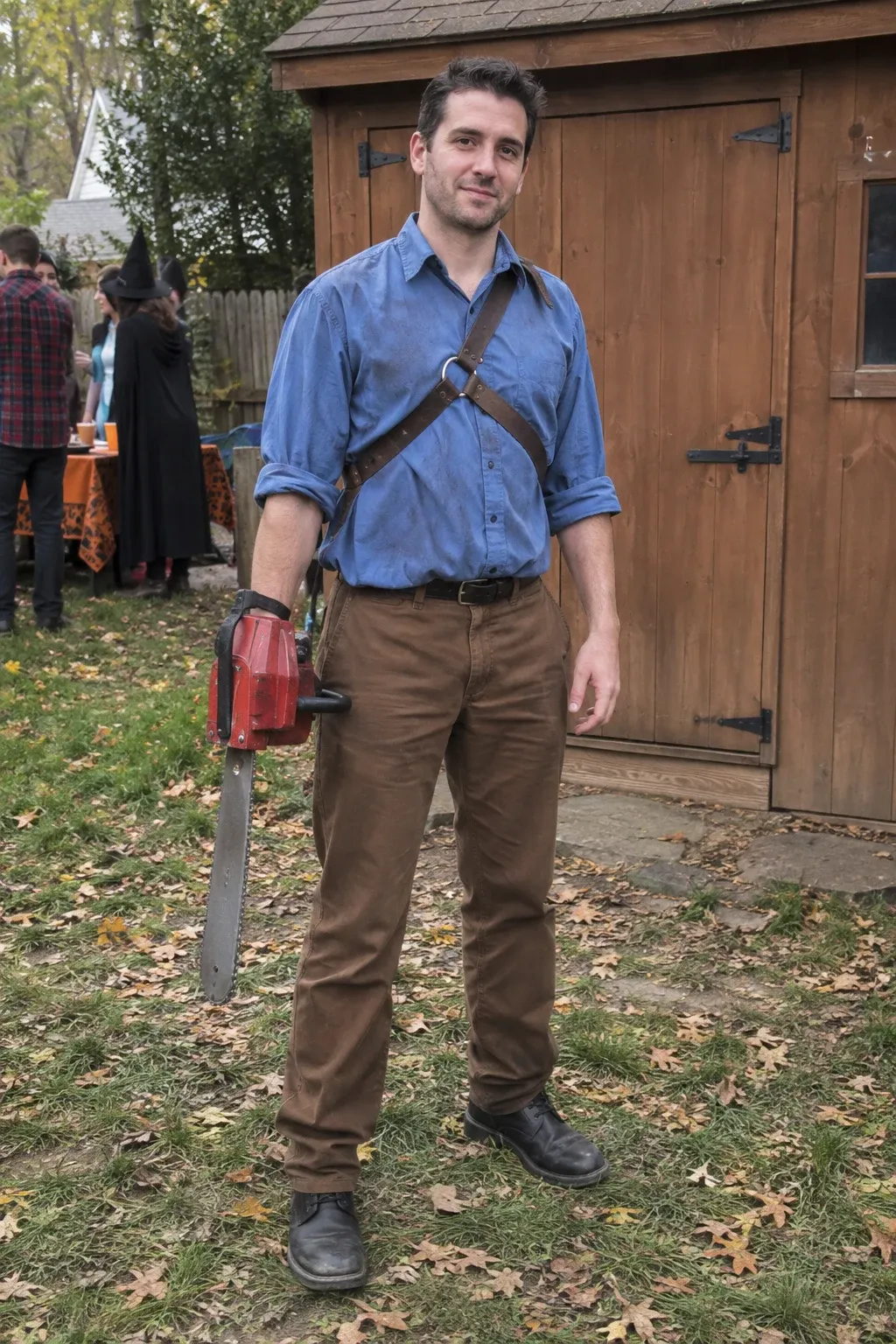 Person wearing the assembled Ash (Evil Dead) costume