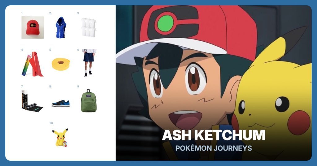 Red Journeys Emblem Cap, Blue Sleeveless Vest, White Crew T-Shirt and Red Heat-Transfer Vinyl beside Ash Ketchum (Pokémon Journeys)
