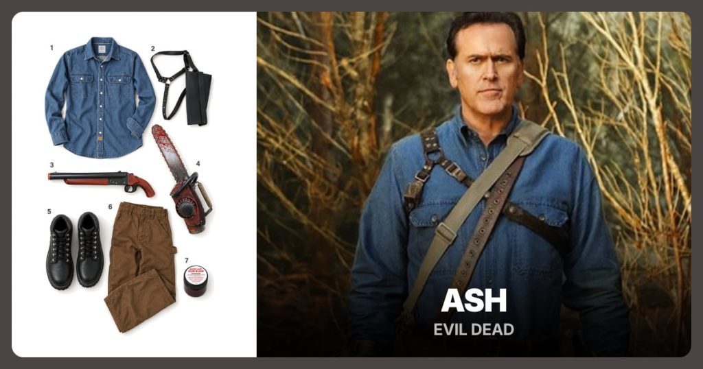 Faded Blue Denim Shirt, Ash Shoulder Harness, Boomstick Prop and Ash Chainsaw Prop beside Ash