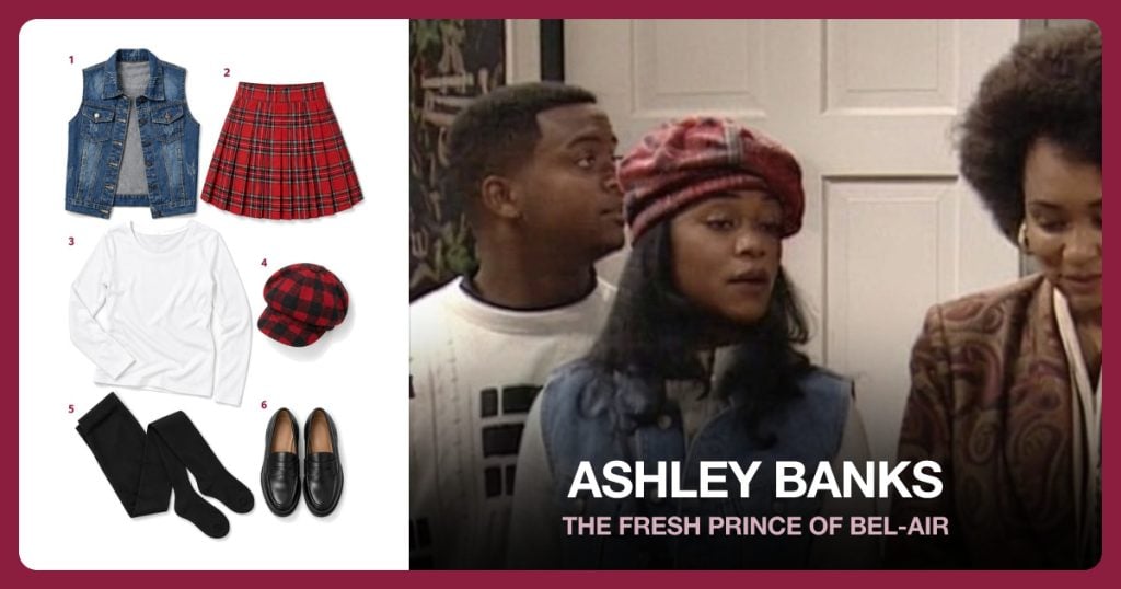 Denim Vest, Red Plaid Mini Skirt, White Long-Sleeve Top and Red Plaid Newsboy Cap beside Ashley Banks