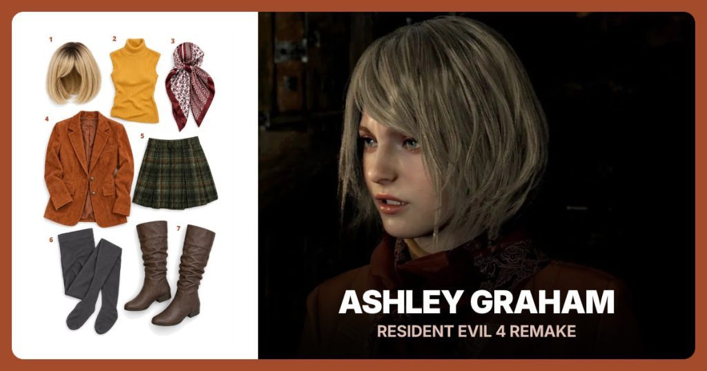 Blonde Bob Wig, Golden Yellow Sleeveless Turtleneck, Burgundy Floral Scarf and Burnt Orange Blazer beside Ashley Graham from Resident Evil 4 Remake
