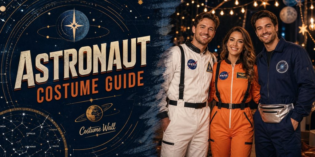 Men’s White Astronaut Jumpsuit, Women’s Orange Astronaut Jumpsuit and Navy Blue Coverall Costume beside Astronaut
