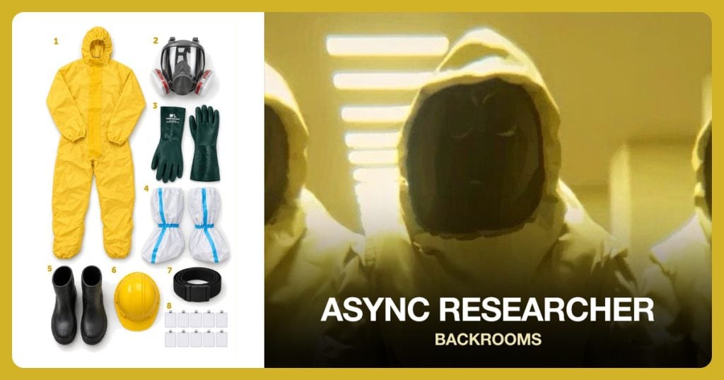 Yellow Hooded Hazmat Coverall, Black Full Face Respirator and Chemical Resistant Work Gloves beside ASYNC Researcher