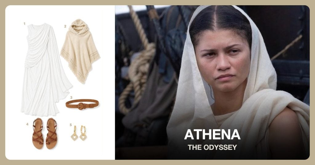 White Grecian Draped Robe, Beige Hooded Shawl, Brown Braided Waist Belt and Tan Strappy Sandals beside Athena