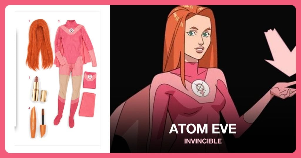 Long Orange Wig, Pink Cosplay Costume, Nude Pink Lipstick and Black Volume Mascara beside Atom Eve