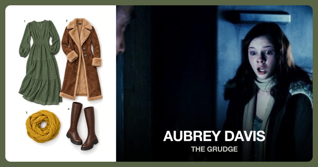 Olive Green Long Sleeve Dress, Brown Faux Fur Trim Coat, Mustard Knit Winter Scarf and Brown Knee High Boots beside Aubrey Davis