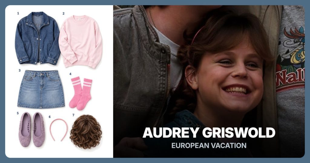 Dark Blue Denim Jacket, Pale Pink Sweatshirt, Light Wash Denim Skirt and Pink Striped Crew Socks beside Audrey Griswold
