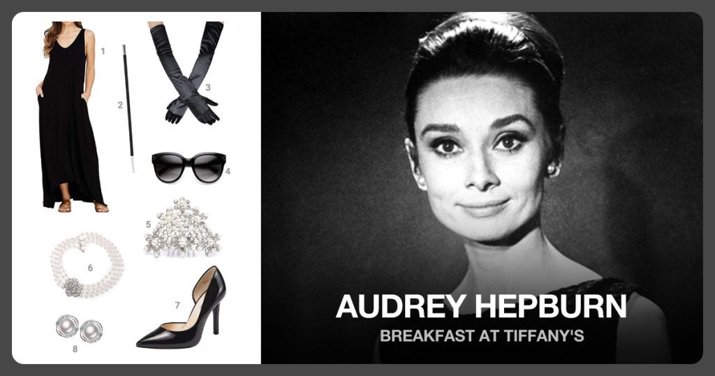 Long Black Dress, Cigarette Holder, Long Black Gloves and Sunglasses beside Audrey Hepburn (Black Dress)