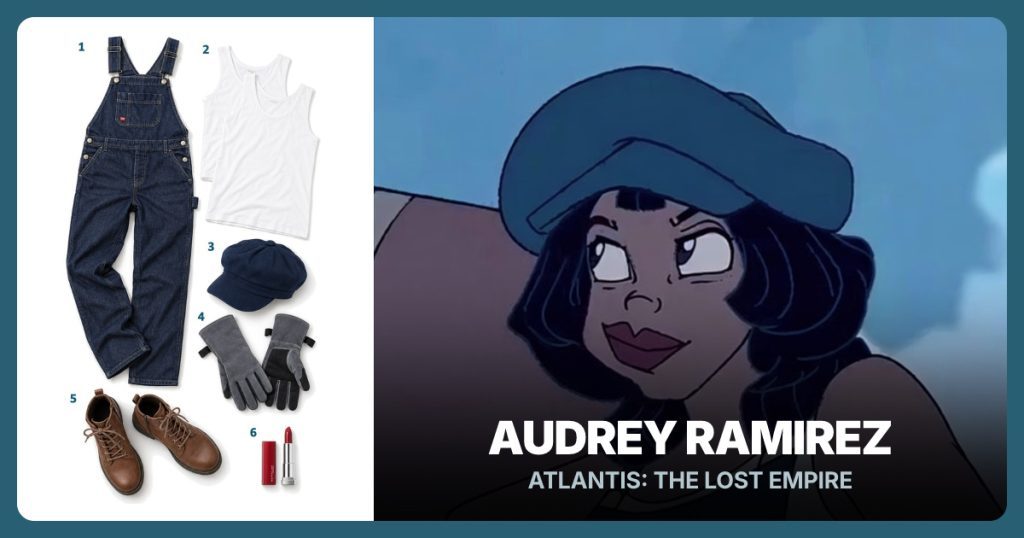 Blue Denim Bib Overalls, White Tank Top, Navy Newsboy Cap and Gray Work Gloves beside Audrey Ramirez