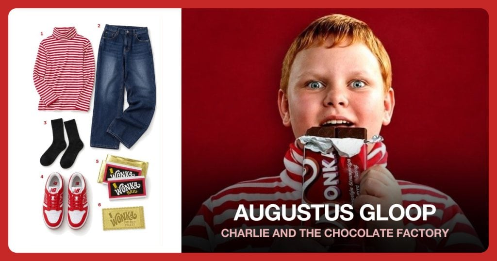 Red Striped Turtleneck, Dark Baggy Jeans, Black Crew Socks and Red White Sneakers beside Augustus Gloop