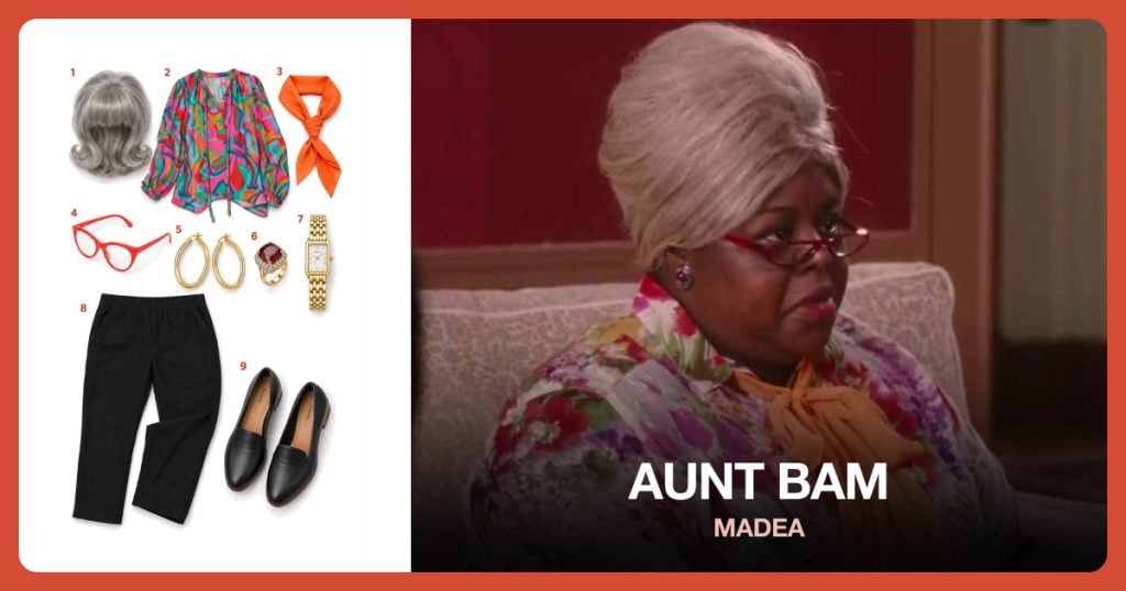 Tall Gray Bouffant Wig, Colorful Print Blouse, Orange Neck Scarf and Red Cat-Eye Glasses beside Aunt Bam