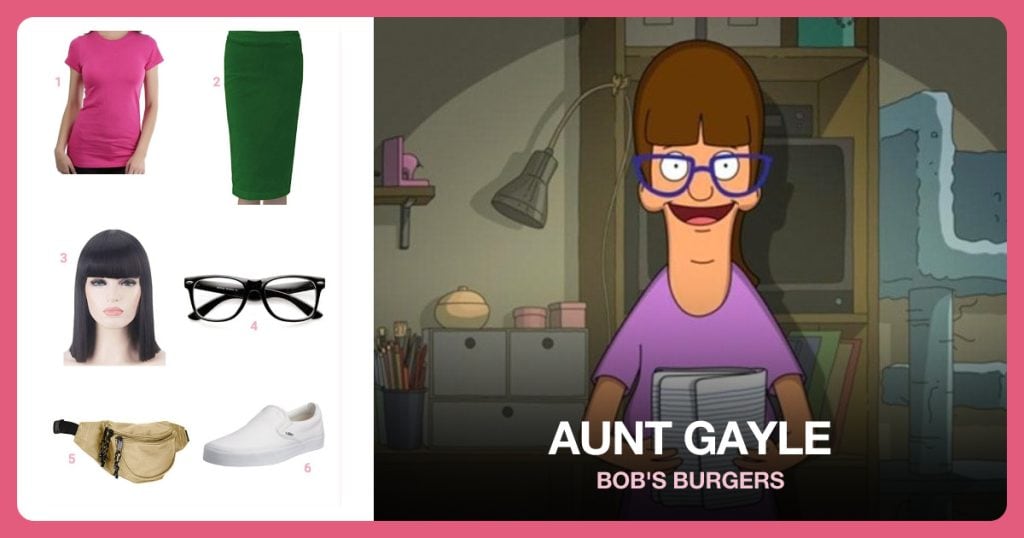 Short Sleeve Crew Neck T-Shirt, Corduroy Pencil Skirt, Short Bob Wig and Horn Rimmed Style Eyeglasses beside Aunt Gayle