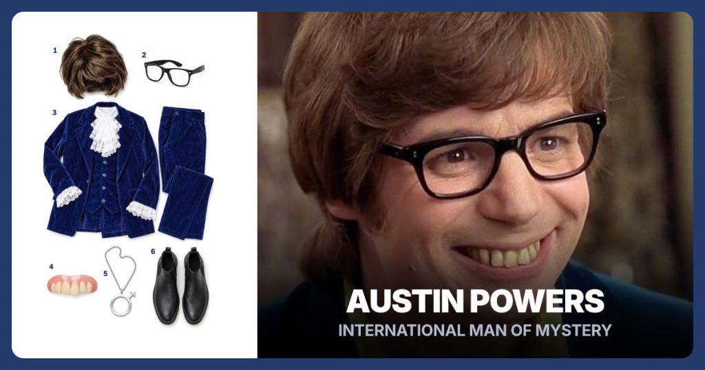 Brown Mop-Top Wig, Black Framed Glasses, Blue Velvet Costume Set and Groovy Costume Teeth beside Austin Powers