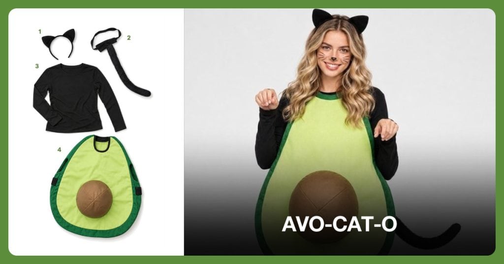 Black Cat Ears Headband, Black Cat Tail, Black Long-Sleeve Shirt and Wearable Avocado Costume beside Avo-cat-o