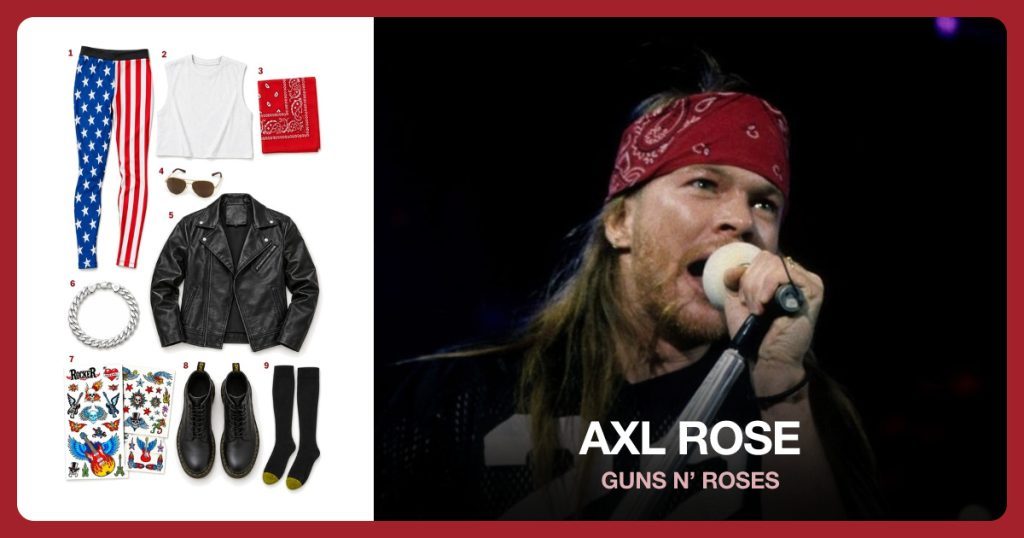 American Flag Leggings, White Cropped Tank Top, Red Paisley Bandana and Gold Aviator Sunglasses beside Axl Rose