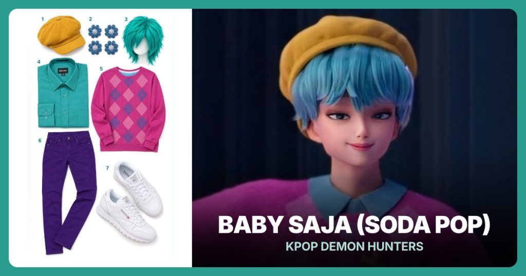 Mustard Yellow Newsboy Cap, Blue Flower Decal, Teal Wig and Teal Long Sleeve Button Down Shirt beside Baby Saja (Soda Pop)
