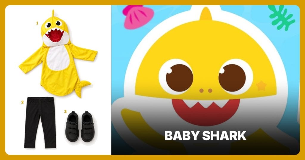 Baby Shark Tunic and Headpiece, Black Toddler Leggings and Black Toddler Sneakers beside Baby Shark