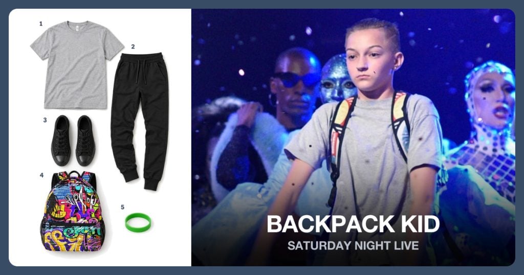 Gray Crewneck T-Shirt, Black Slim Joggers, Black Low-Top Sneakers and Colorful Graffiti Backpack beside Backpack Kid