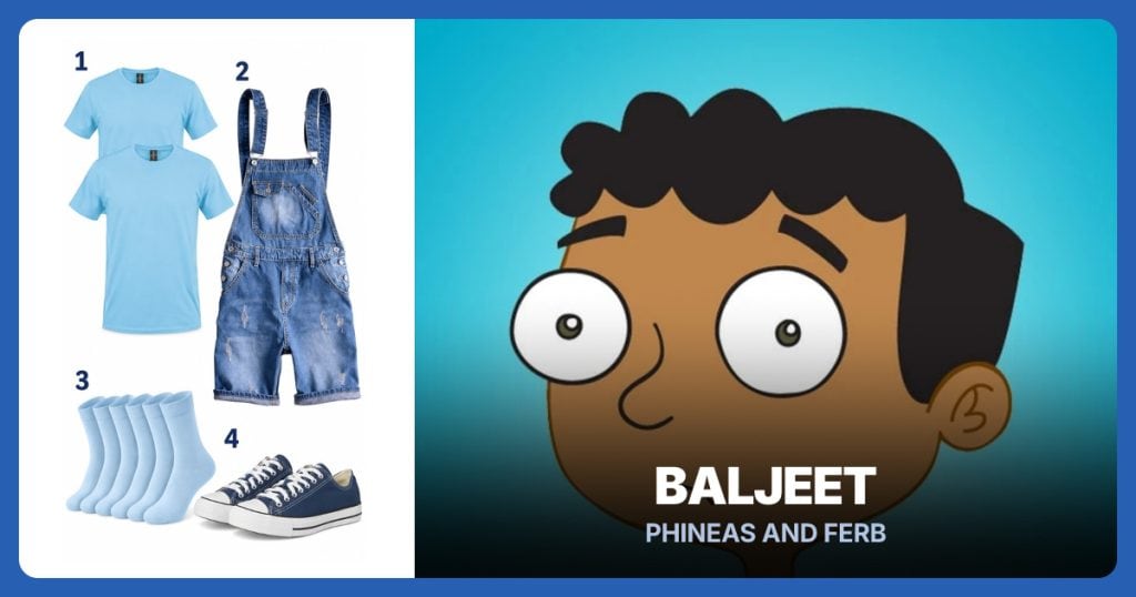 Light Blue T-Shirt Two-Pack, Blue Denim Short Overalls, Light Blue Crew Socks and Navy Canvas Sneakers beside Baljeet