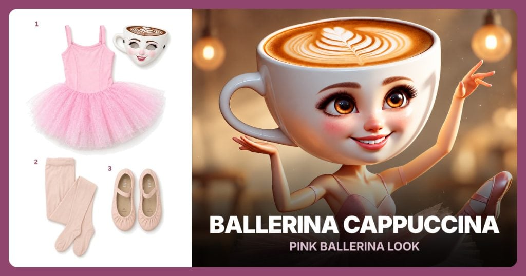 Pink Tutu Costume, Ballet Pink Tights and Pink Ballet Slippers beside Ballerina Cappuccina