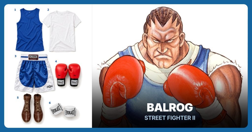 Blue Boxing Tank Top, White Crew T-Shirt, Blue Boxing Trunks and Red Boxing Gloves beside Balrog