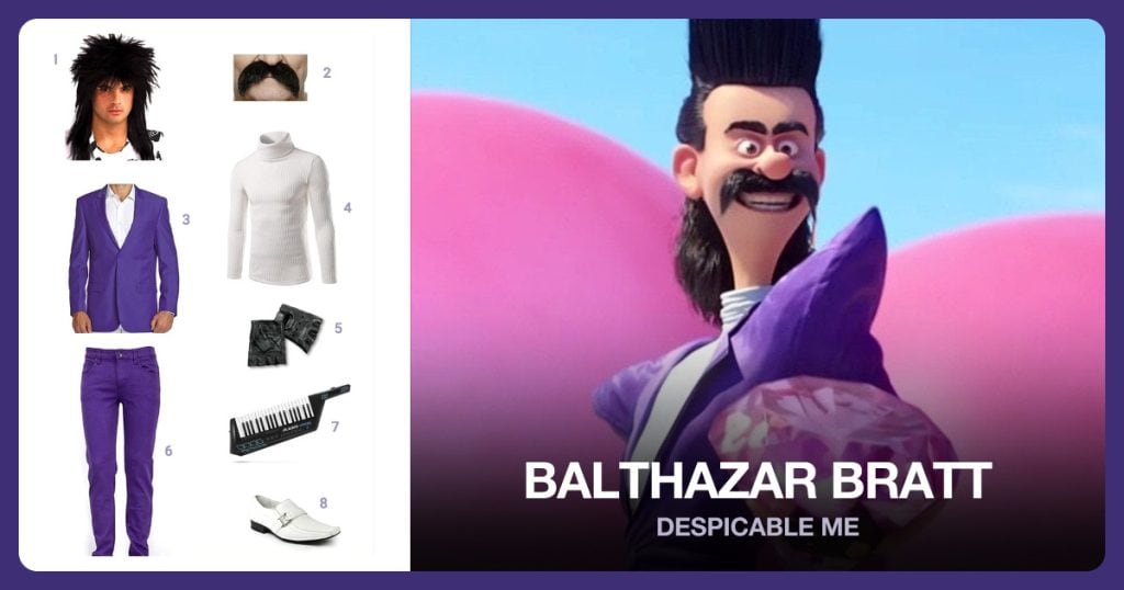 Rock Star Wig, Walrus Mustache, Purple Suit Jacket and Turtleneck Pullover Top beside Balthazar Bratt
